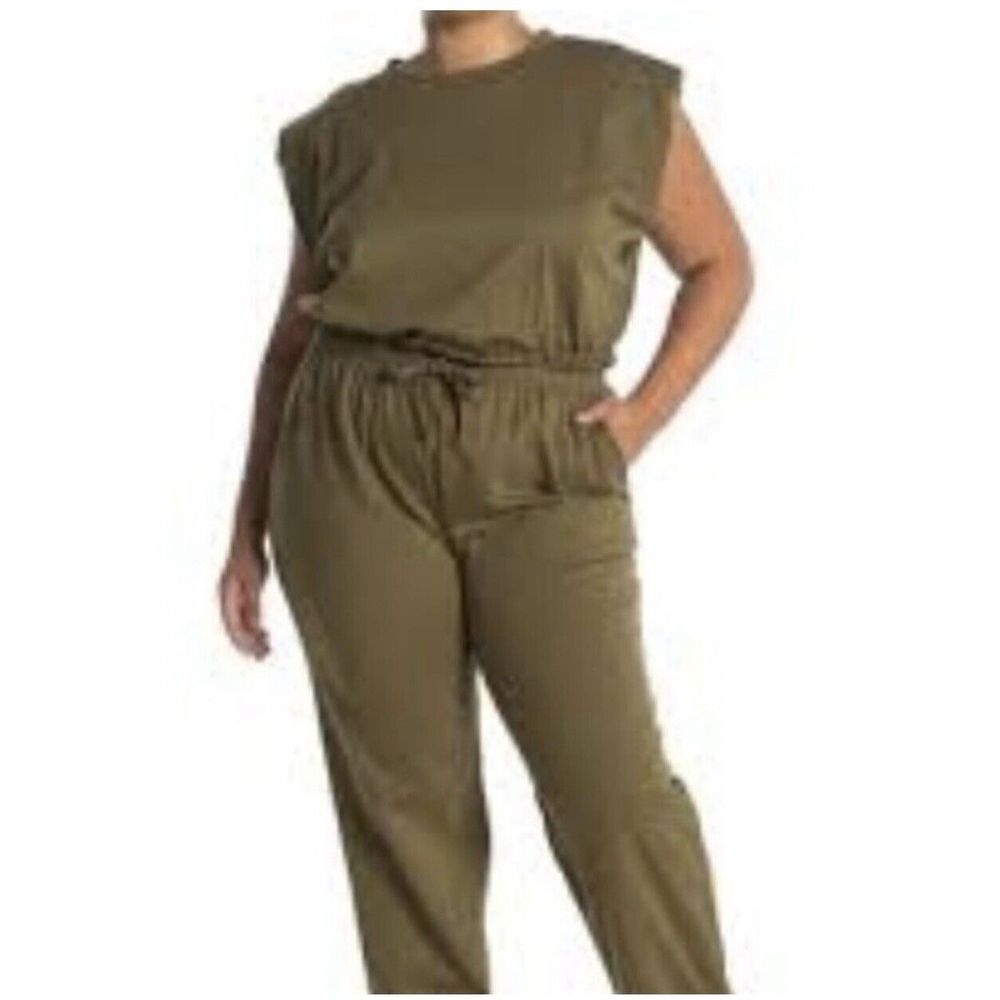 One One Six Womans Olive Solid Jogger Jumpsuit Elasticized Waist Short Sleeve 1X